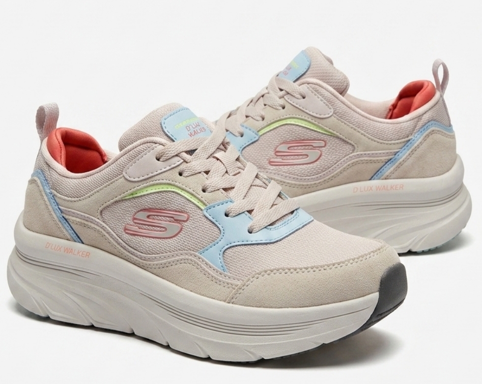 کفش پیاده‌روی زنانه اسکیچرز (Skechers) مدل D'Lux Walker رنگ کرم پاستلی - طبی لژدار ‌