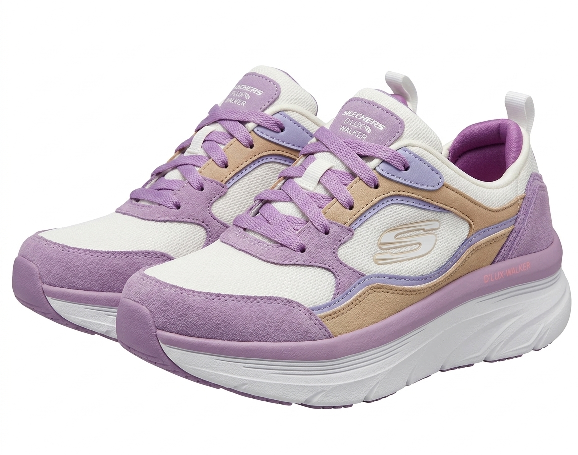کفش پیاده‌روی زنانه اسکیچرز (Skechers) مدل D'Lux Walker رنگ بنفش و کرم - کفی طبی Memory Foam ‌