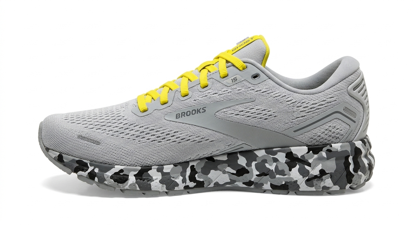 کفش دویدن مردانه بروکس (Brooks) مدل Ghost 15 رنگ طوسی روشن با بند زرد - زیره چریکی (Camo) مخصوص رانینگ