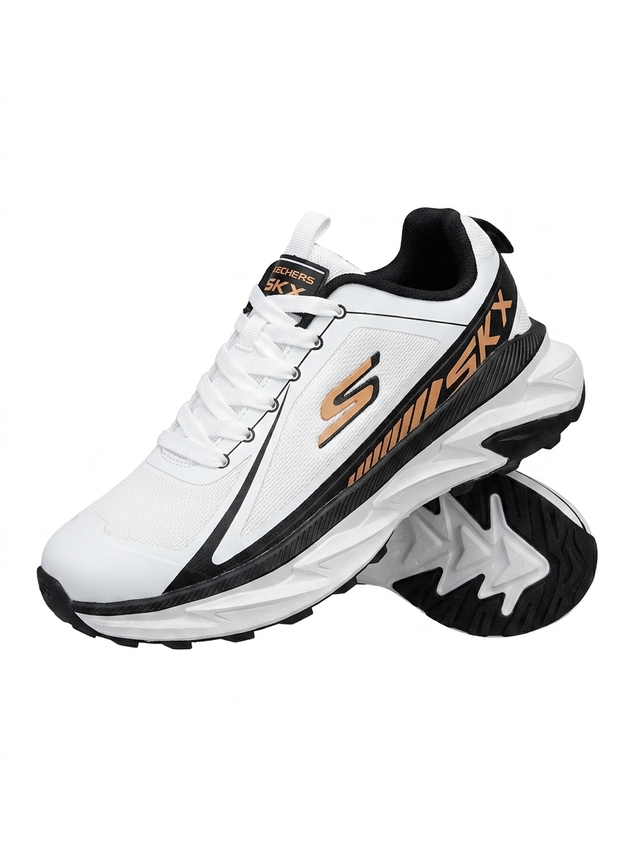 کفش پیاده‌روی و رانینگ مردانه و زنانه طرح اسکیچرز (Skechers) مدل SKX - رنگ سفید مشکی با جزئیات طلایی
