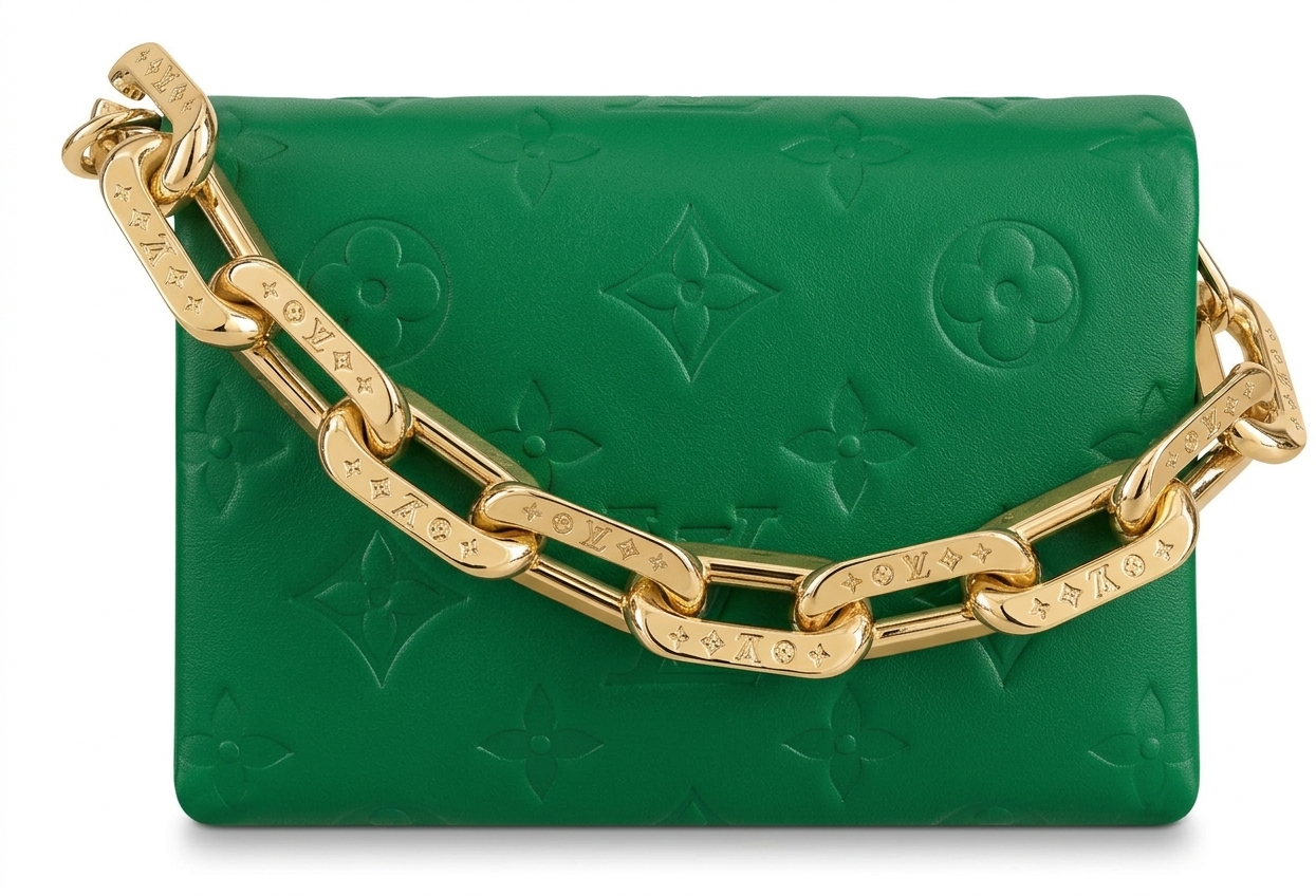 کیف دوشی لویی ویتون (Louis Vuitton) مدل کوسن (Coussin) چرم پفکی مونوگرام رنگ سبز