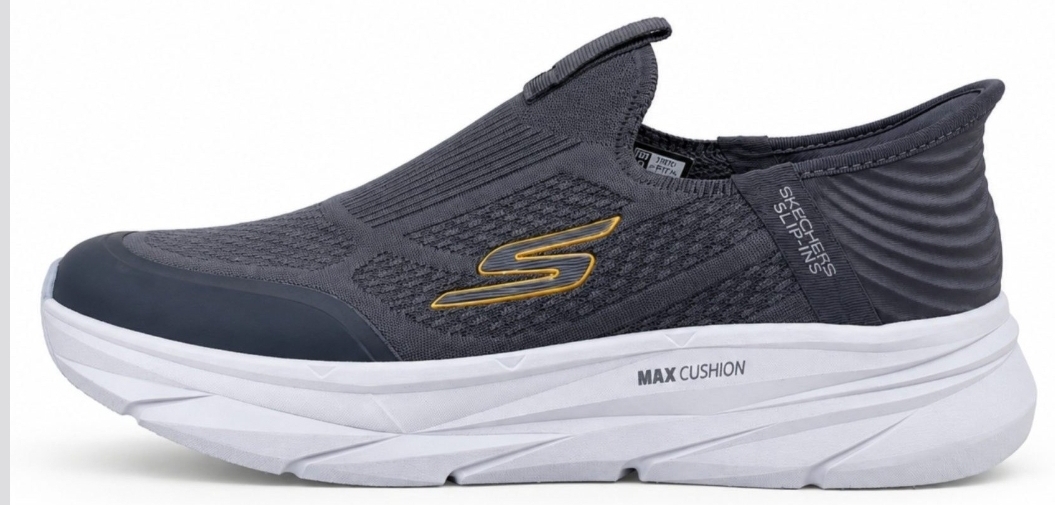 کفش پیاده‌روی مردانه اسکیچرز مدل Max Cushioning رنگ ذغالی طلایی (Hands Free Slip-ins