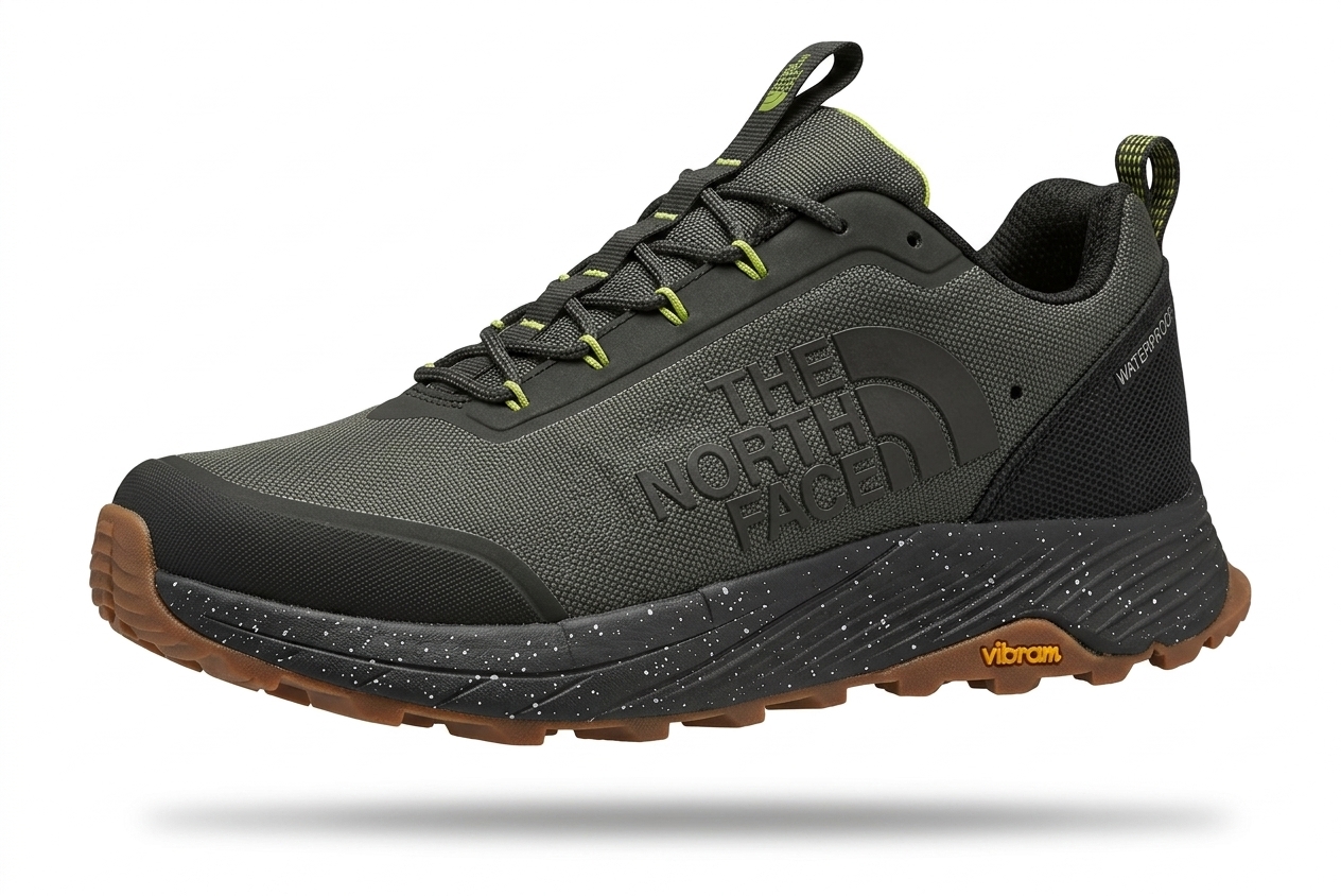 کفش پیاده‌روی و طبیعت‌گردی مردانه نورث فیس The North Face مدل ضد آب با زیره ویبرام و لایه میانی خال‌دار رنگ زیتونی تیره