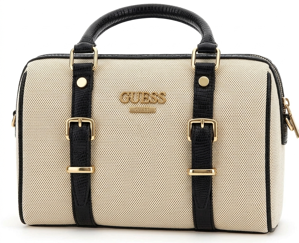 کیف دستی و دوشی زنانه گس مدل باگت برزنتی طرح دار کرم مشکی Guess Canvas and Lizard-Effect Leather Women Satchel Bag - Beige/Black