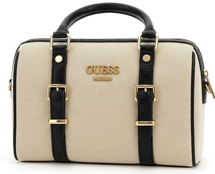 کیف دستی و دوشی زنانه گس مدل باگت برزنتی طرح دار کرم مشکی Guess Canvas and Lizard-Effect Leather Women Satchel Bag - Beige/Black