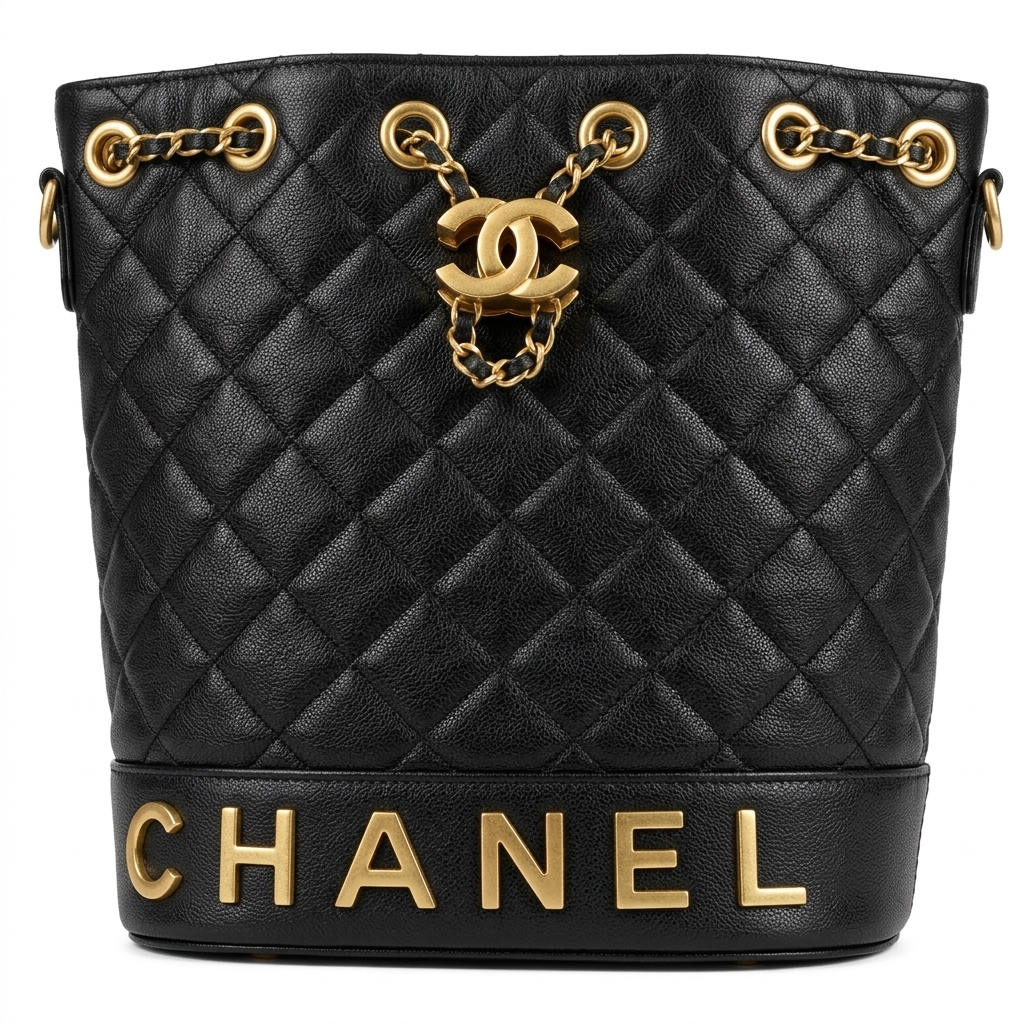 کیف دوشی زنانه مدل سطلی شنل (Chanel) - چرم لوزی‌دوز مشکی با یراق طلایی