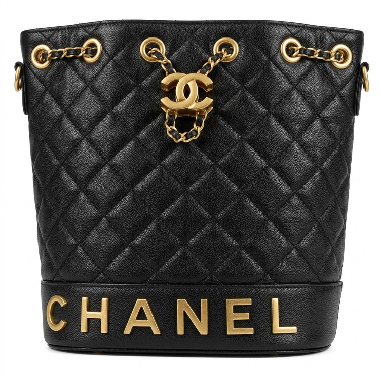 کیف دوشی زنانه مدل سطلی شنل (Chanel) - چرم لوزیدوز مشکی با یراق طلایی