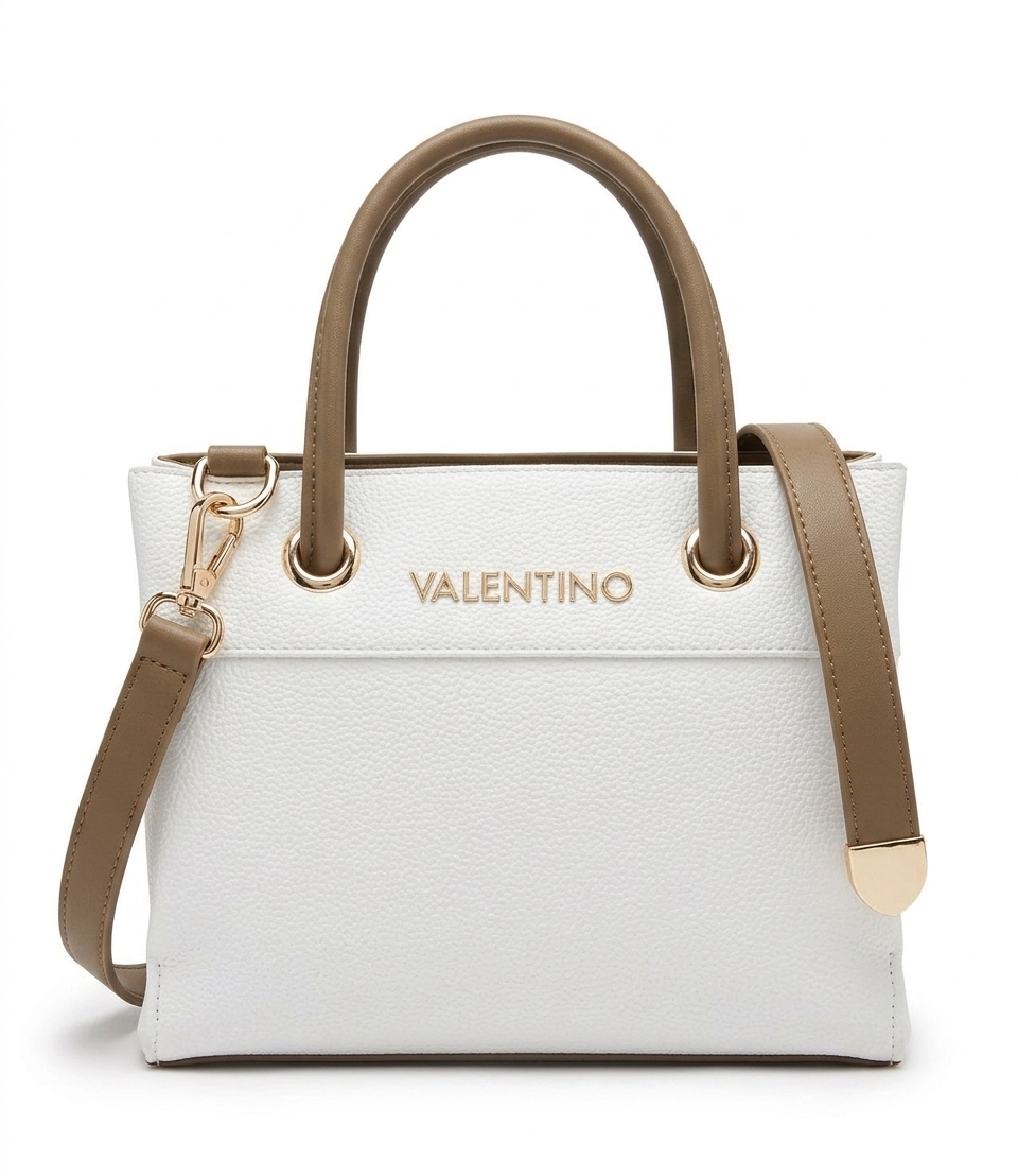 کیف دستی و دوشی زنانه ولنتینو (Valentino) - دو رنگ سفید و نسکافه‌ای با یراق طلایی Valentino Two-Tone White and Taupe Tote Bag with Gold Hardwar