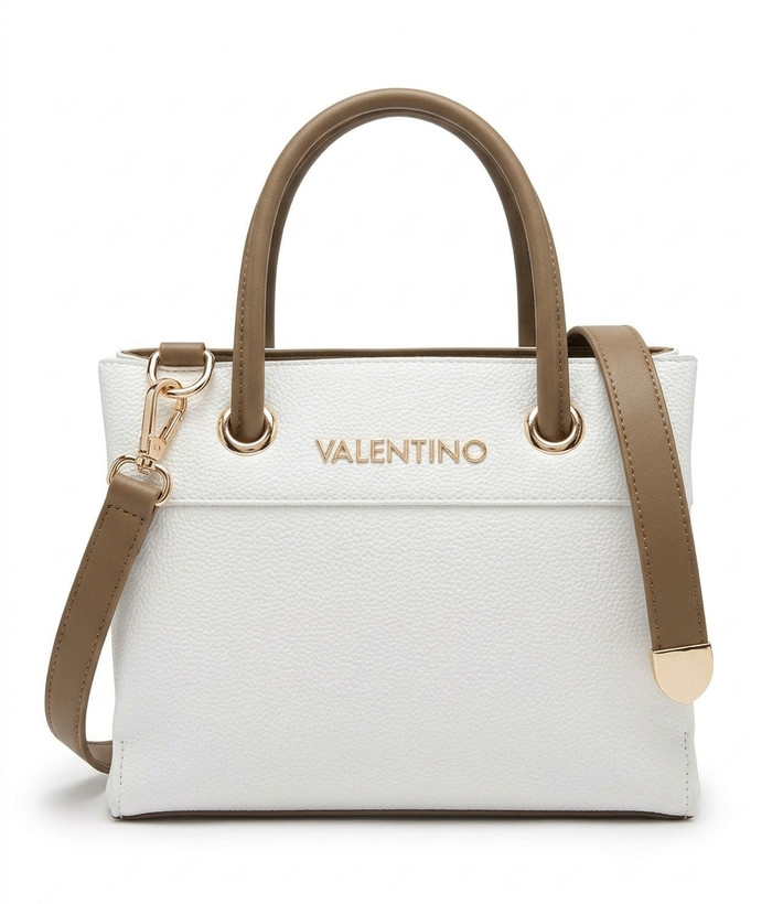 کیف دستی و دوشی زنانه ولنتینو (Valentino) - دو رنگ سفید و نسکافهای با یراق طلایی Valentino Two-Tone White and Taupe Tote Bag with Gold Hardwar