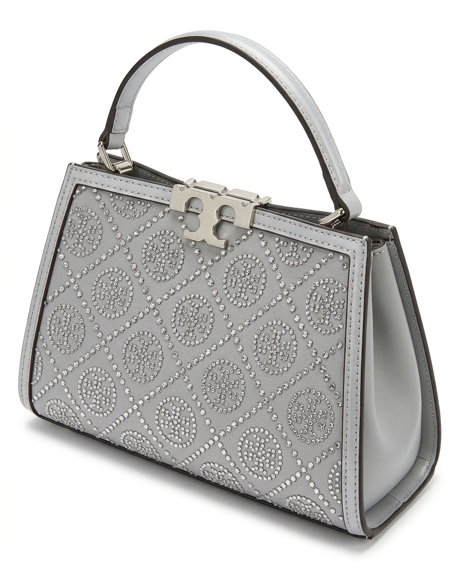 کیف دستی و دوشی مجلسی زنانه طرح توری برچ (Tory Burch) مدل ذوزنقه‌ای نگین‌دار طوسی