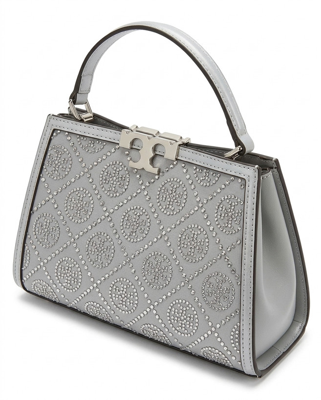 کیف دستی و دوشی مجلسی زنانه طرح توری برچ (Tory Burch) مدل ذوزنقهای نگیندار طوسی