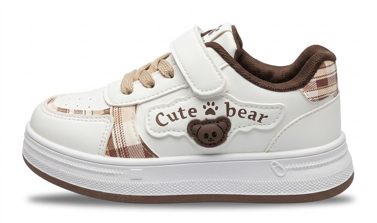 کفش بچگانه اسپرت مدل Cute Bear طرح چهارخانه سفید قهوه ای بندی چسبی