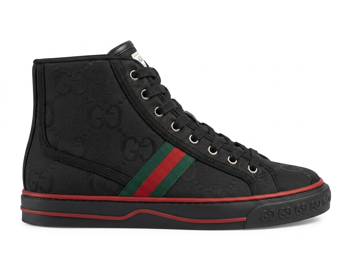 کفش ساقدار مردانه گوچی مدل Tennis 1977 پارچه‌ای طرح GG رنگ مشکی Gucci Tennis 1977 High-Top GG Canvas Black Sneakers ‌
