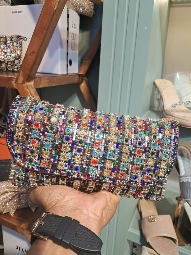 کیف دوشی و دستی زنانه مجلسی مدل کریستالی رنگینکمانی جواهرنشان زنجیردار Women's Rainbow Crystal Embellished Evening Shoulder Bag with Gold Chain 