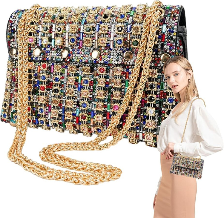 کیف دوشی و دستی زنانه مجلسی مدل کریستالی رنگینکمانی جواهرنشان زنجیردار Women's Rainbow Crystal Embellished Evening Shoulder Bag with Gold Chain 