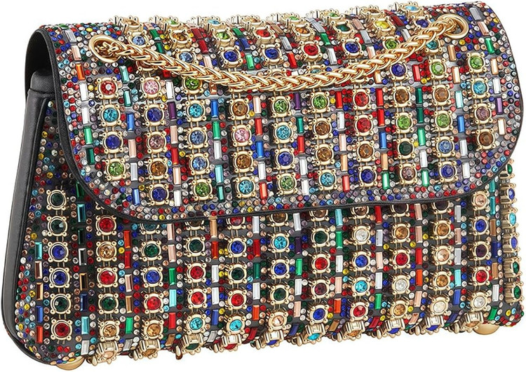 کیف دوشی و دستی زنانه مجلسی مدل کریستالی رنگینکمانی جواهرنشان زنجیردار Women's Rainbow Crystal Embellished Evening Shoulder Bag with Gold Chain 
